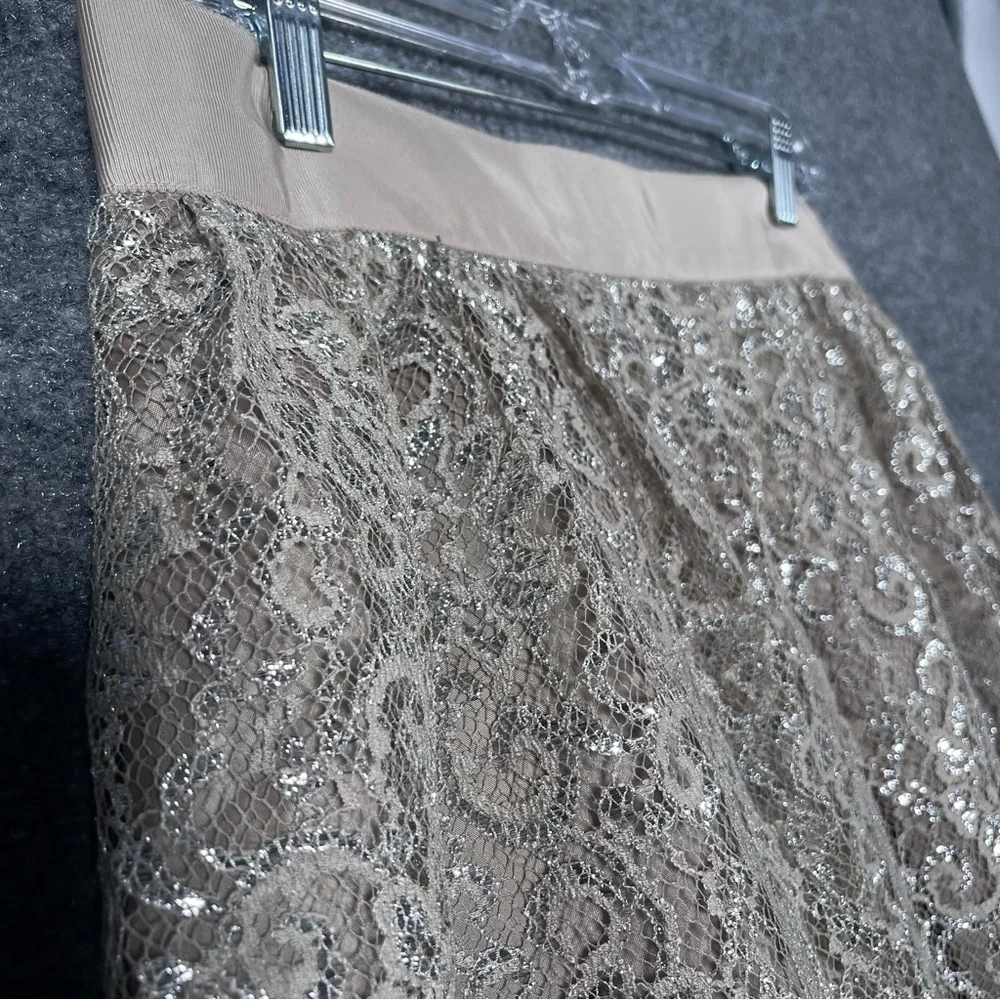 JCrew Womens 8 Tan Silver Metallic Lace Overlay Mini Skirt Party Festive Wedding